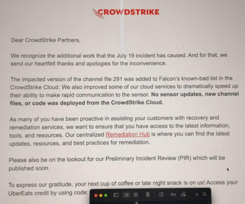 Carta de Crowdstrike a sus asociados ofreciendo tarjeta de regalo de Uber Eats por 10 USD